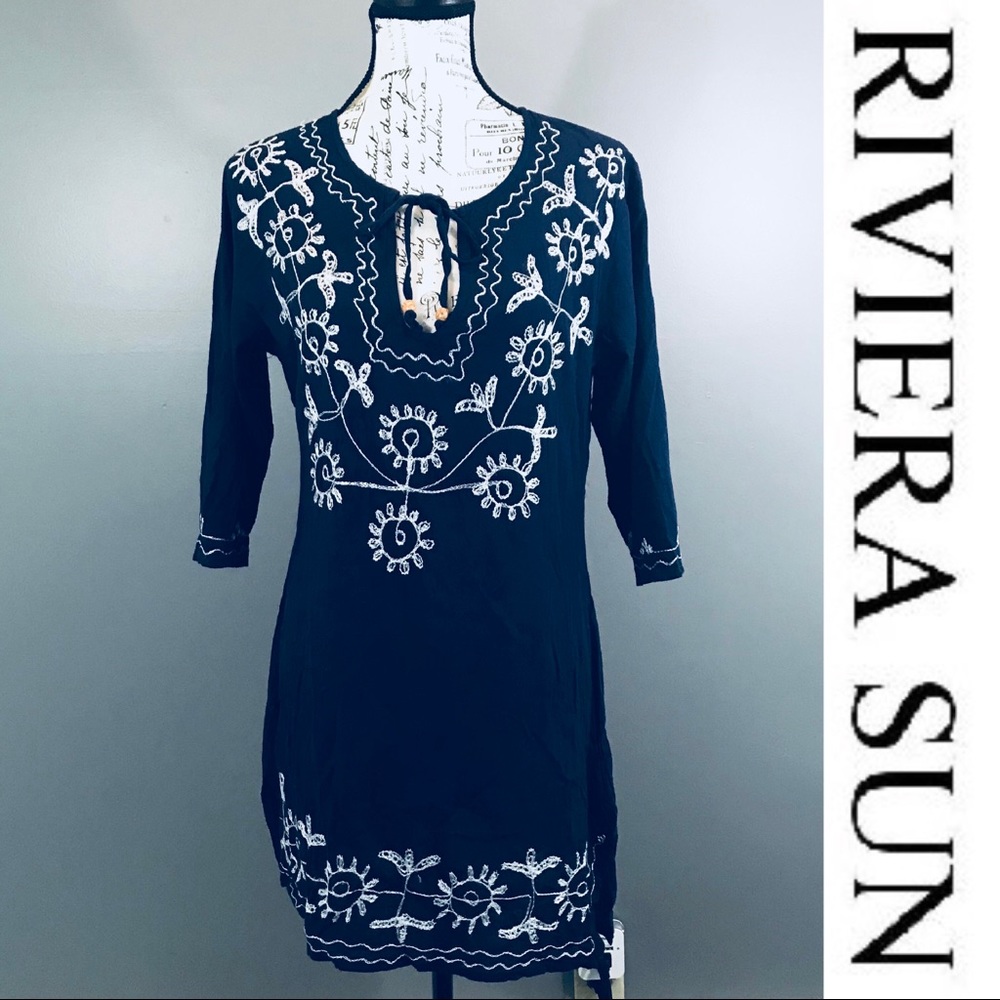 RIVIER SUN Navy & White Embroidered Dress Sz M